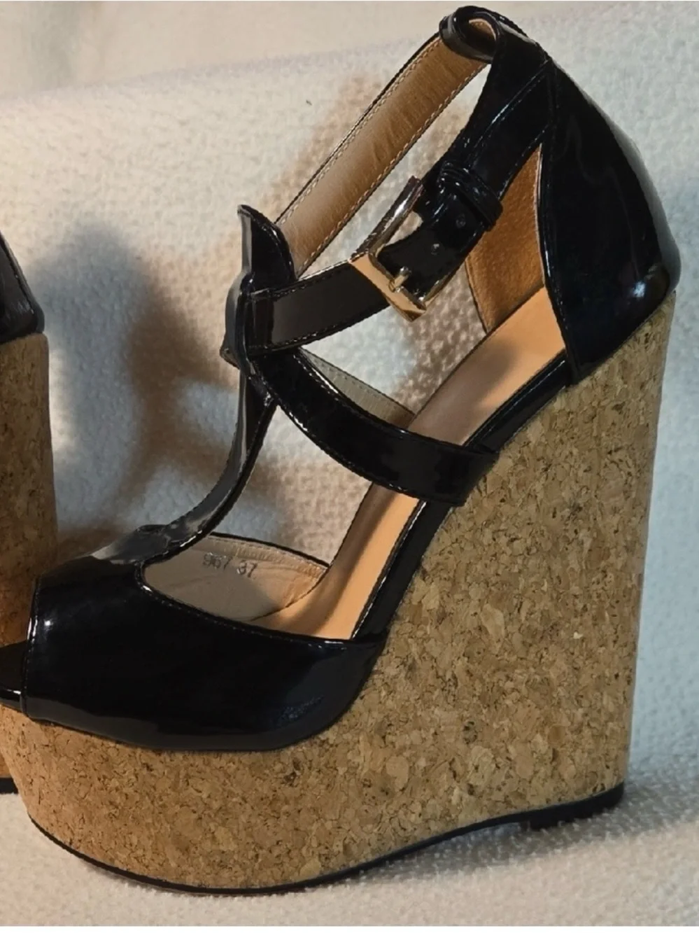 Black Patent Wedge Sandals with Cork Platform